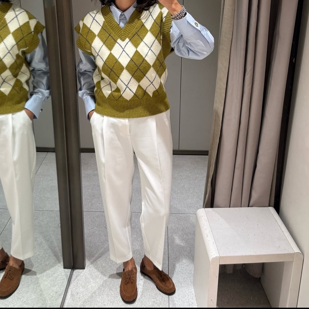 Zara Olive & White Argyle V-Neck Knit Vest